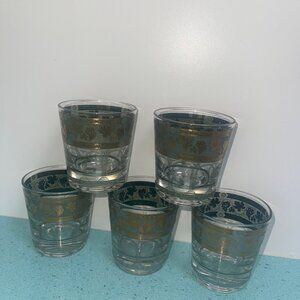 Cera Set of Five "Golden Grapes" Green Rocks Glasses Vintage Classic